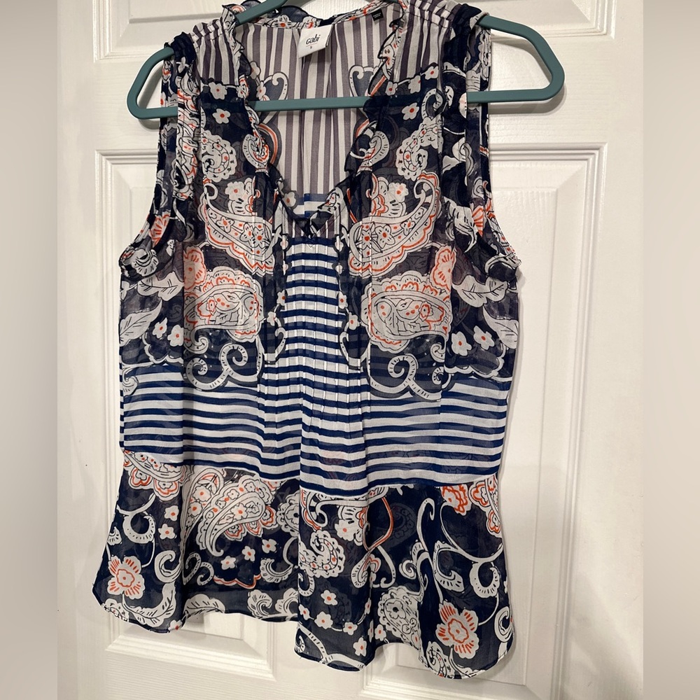 CABI Womens S Tank Top Blouse Navy Prints Sheer V-Neck Ruffles Pleats